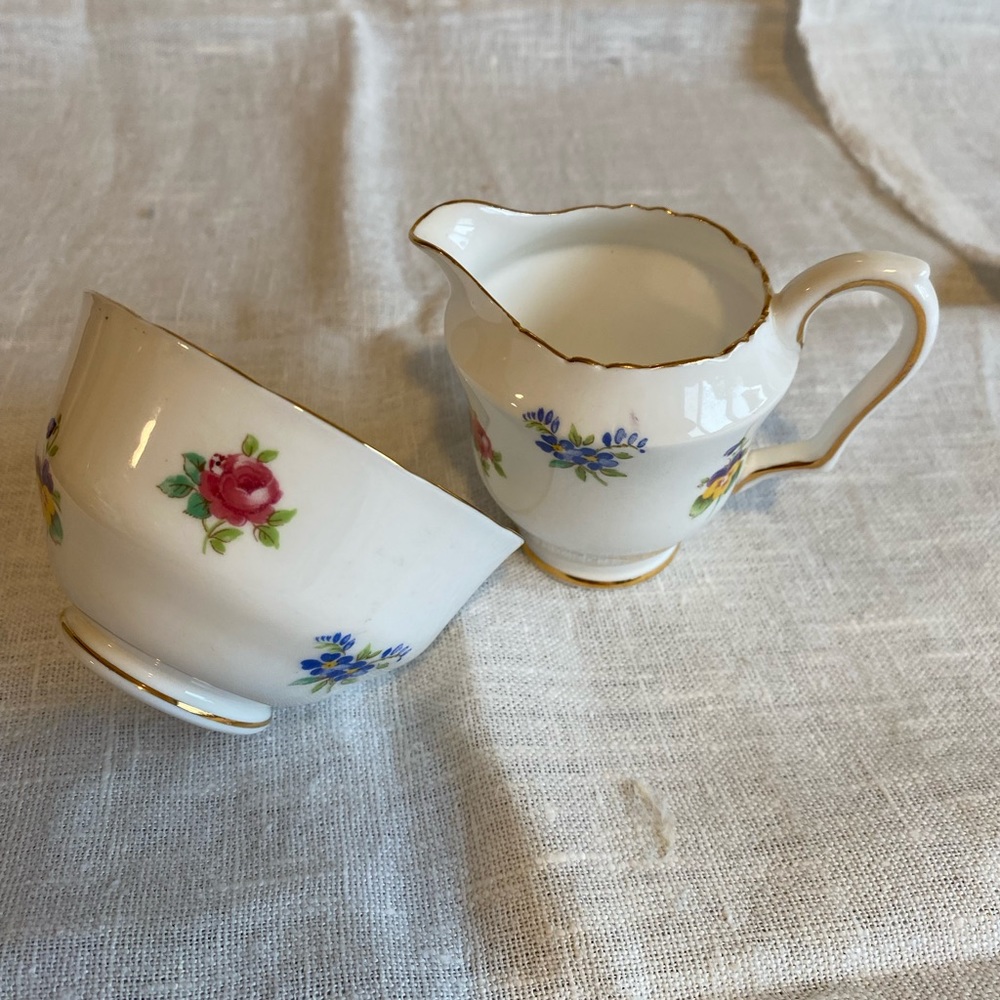 Crown Staffordshire “Rose Pansy” mini creamer and sugar